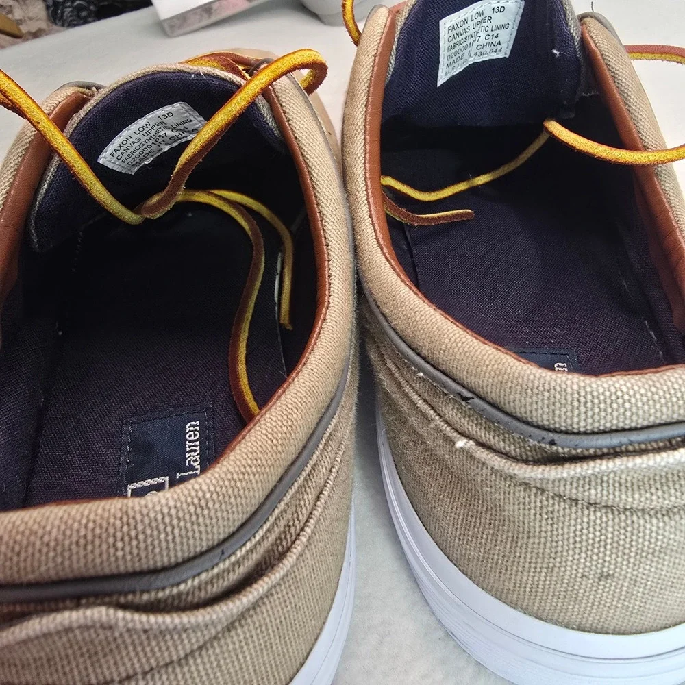 Polo Ralph Lauren Mens Canvas Sneakers Tan Preppy Leather Laces Pony Size 13D